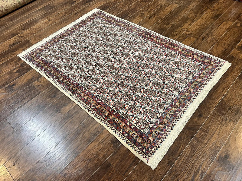 Persian Rug 4x6, Mashad Kashmar Rug, Boteh Paisley Design, Allover Repeated Pattern, Ivory Hand Knotted Vintage Semi Antique Persian Oriental Carpet by Jewel Rugs