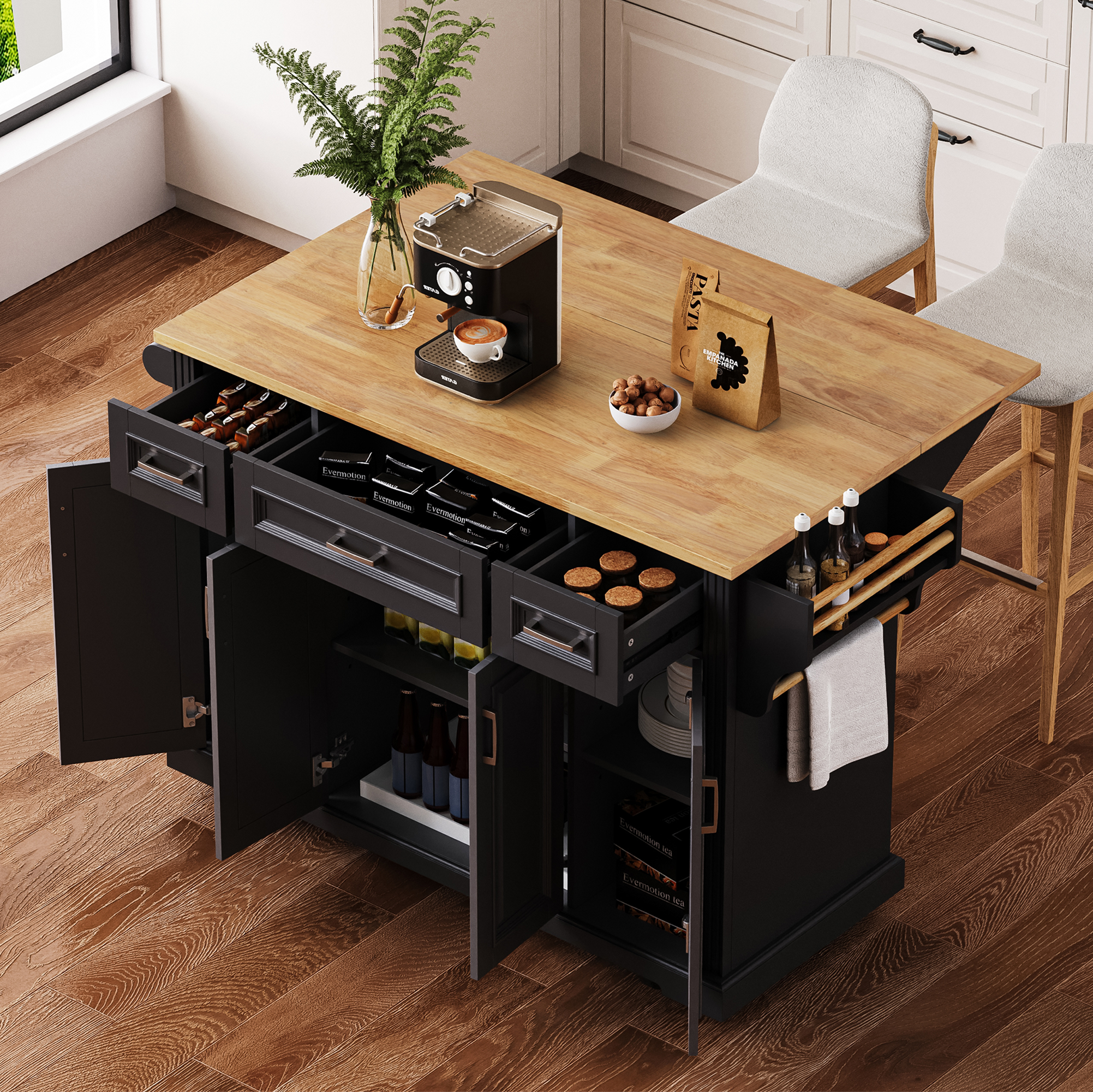 K&K 54 Inch Large Kitchen Island with Rubber Wood Drop Leaf by HouseOfZazla
