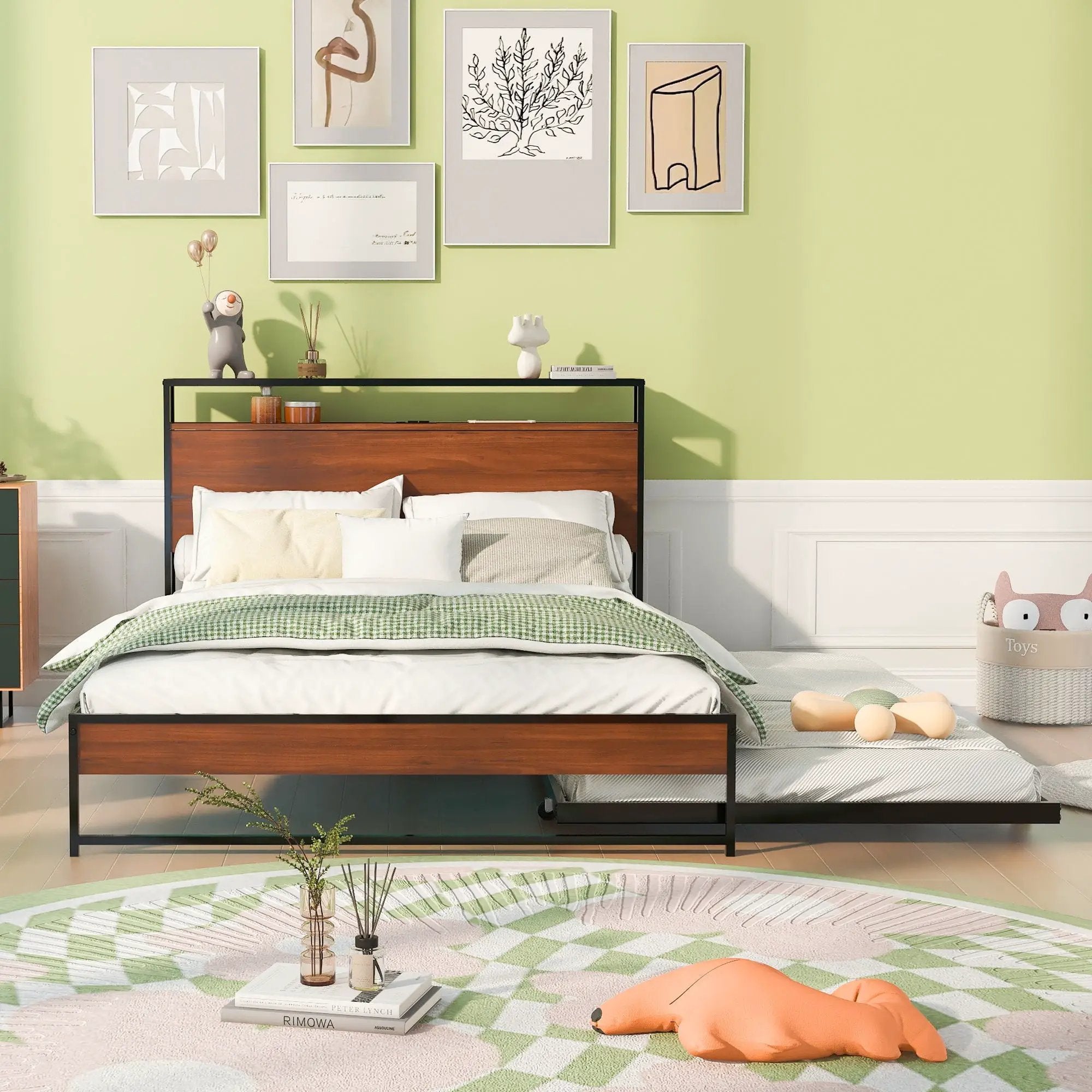 Platform Bed Frame With Trundle, USB Ports And Slat Support, No Box Spring Needed by Unique Piece Furniture