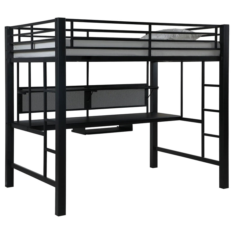 Ranier - Full Workstation Loft Bed, Full Length Desk, Safety Rails And Storage Shelves - Black by HouseOfZazla