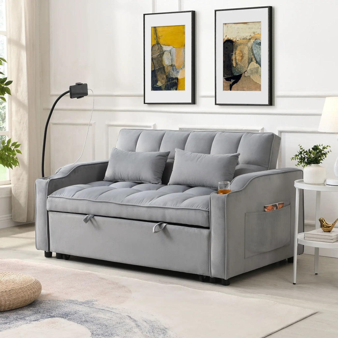 Modern Loveseat Futon Sofa With Pullout Bed, Adjustable Reclining Backrest, Toss Pillows by HouseOfZazla