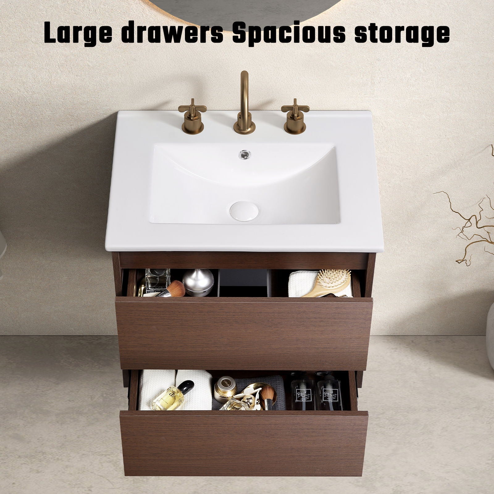 Bathroom Vanity With Basin Wall Hang Storage - Brown / Brown / White by HouseOfZazla