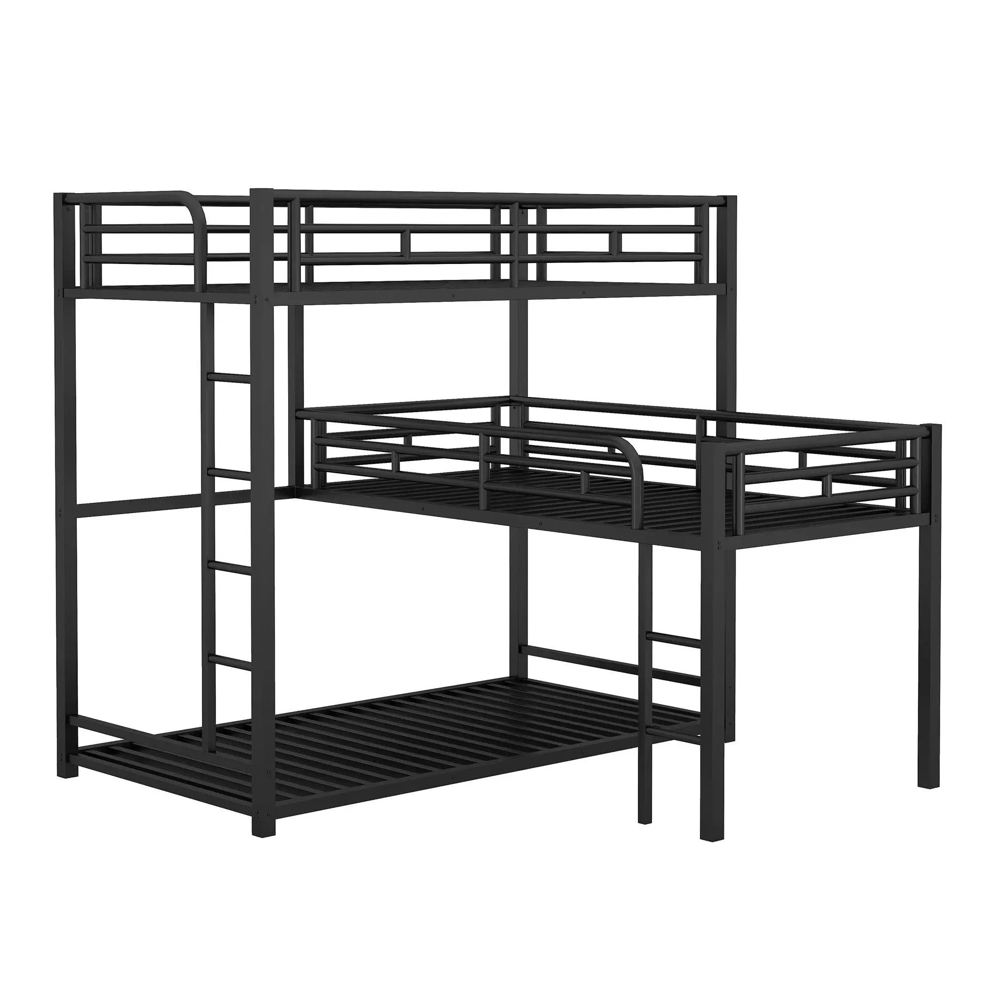 L-Shaped Triple Twin Size Bunk Bed, Industrial Design With Integrated Ladder And Full Length Guardrails - Black by Unique Piece Furniture