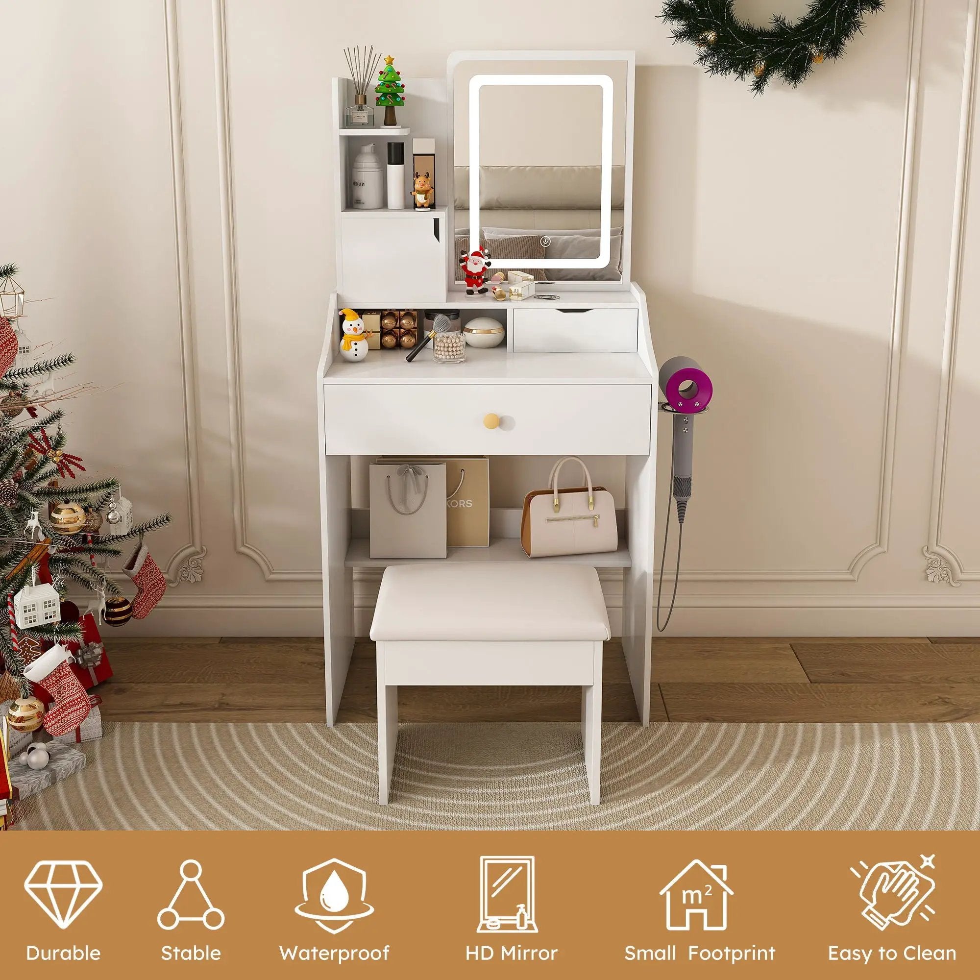 LED Vanity Mirror With Stool, 2 Drawers & 5 Storage Cabinets, Adjustable Lighting Mdf Dressing Table For Bedroom - White by Unique Piece Furniture
