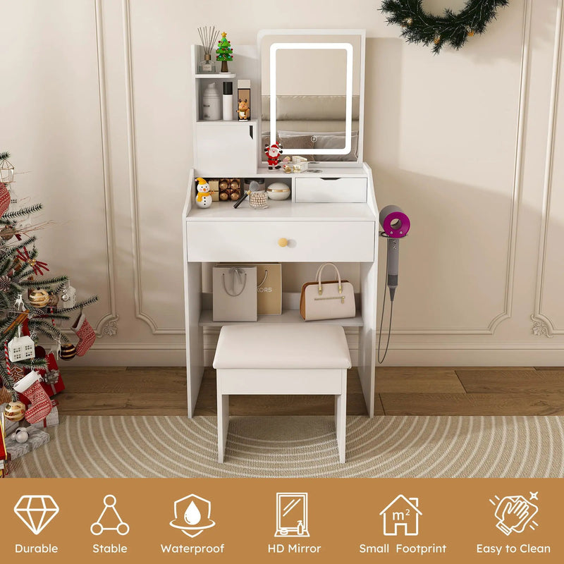 LED Vanity Mirror With Stool, 2 Drawers & 5 Storage Cabinets, Adjustable Lighting Mdf Dressing Table For Bedroom - White by Unique Piece Furniture
