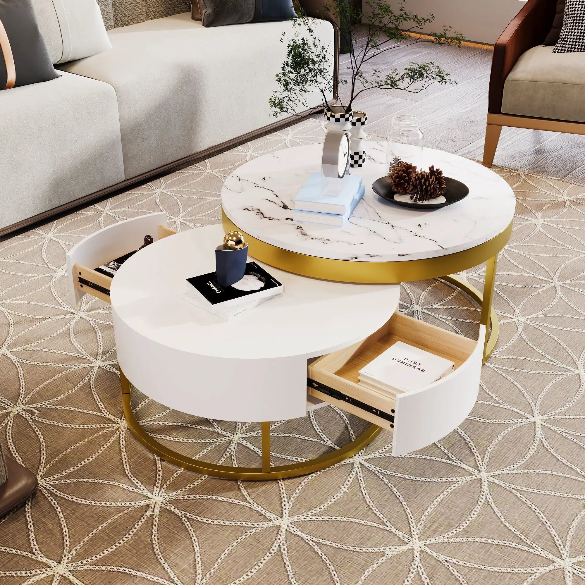 Round Nesting Coffee Table With Drawers - Golden / White by Unique Piece Furniture