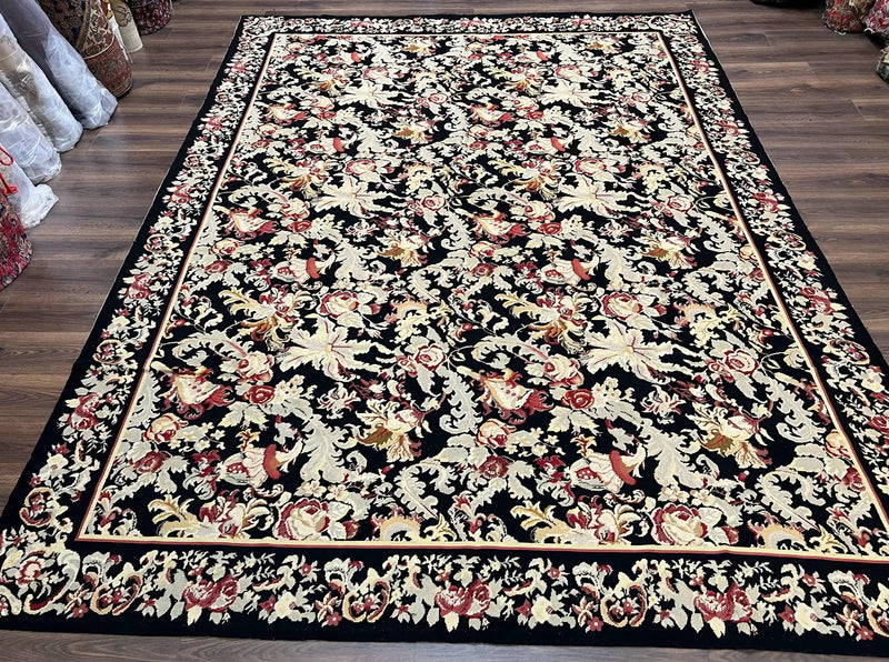 Wool Needlepoint Rug 9x12, William Morris Vintage Chinese Needlepoint Carpet 9 x 12, Handwoven, Allover Floral Area Rug, Black Light Green by Jewel Rugs