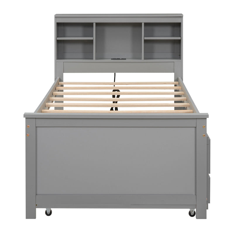 Platform Bed With Storage Headboard, USB, Trundle And 3 Drawers