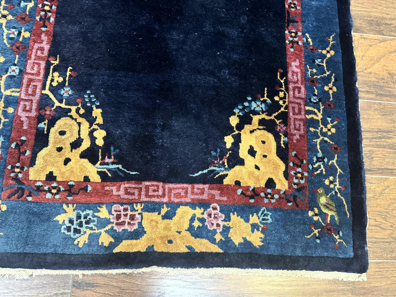 Antique Chinese Peking Rug 3x6, Dark Blue, Bird Motif, Handmade Wool Art Deco Asian Oriental Carpet, Pair A by Jewel Rugs