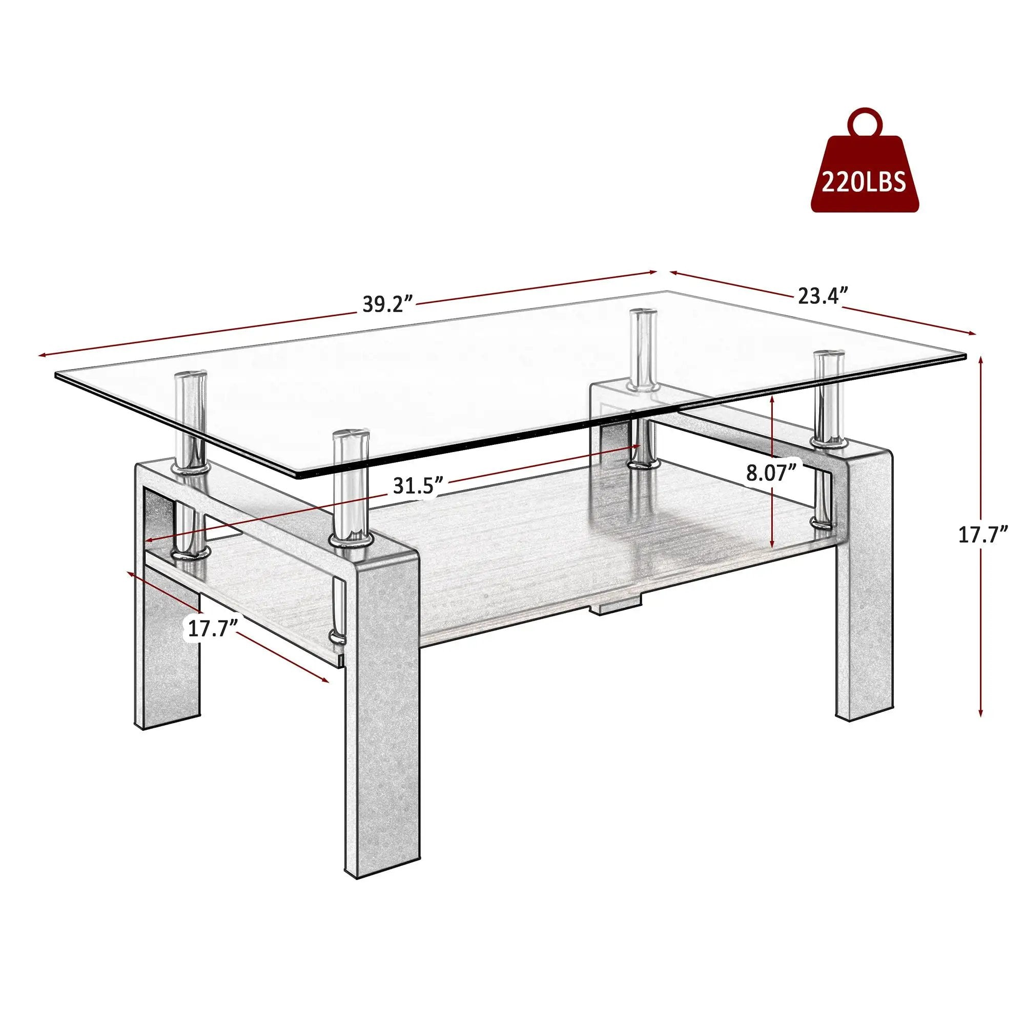 Modern Rectangular Coffee Table With Tempered Transparent Glass Top And Storage Shelf by Unique Piece Furniture