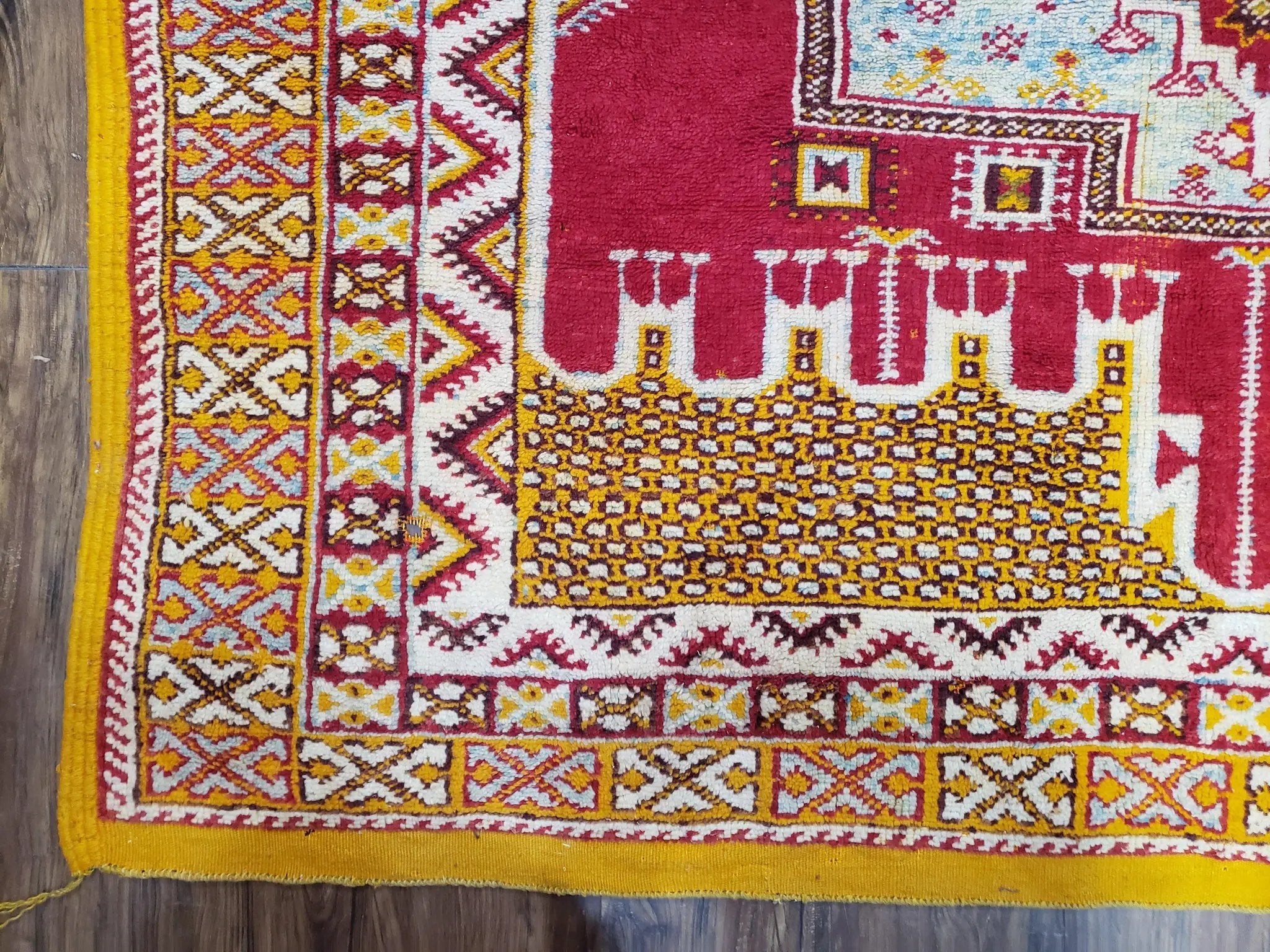 Vintage Moroccan Rug 6x10, Red and Yellow Moroccan Carpet, Handmade Bohemian Tribal Area Rug, Hand-Knotted 1970s Wool Rug, Medalions by Jewel Rugs
