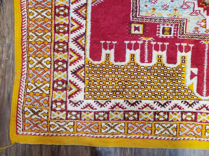 Vintage Moroccan Rug 6x10, Red and Yellow Moroccan Carpet, Handmade Bohemian Tribal Area Rug, Hand-Knotted 1970s Wool Rug, Medalions by Jewel Rugs