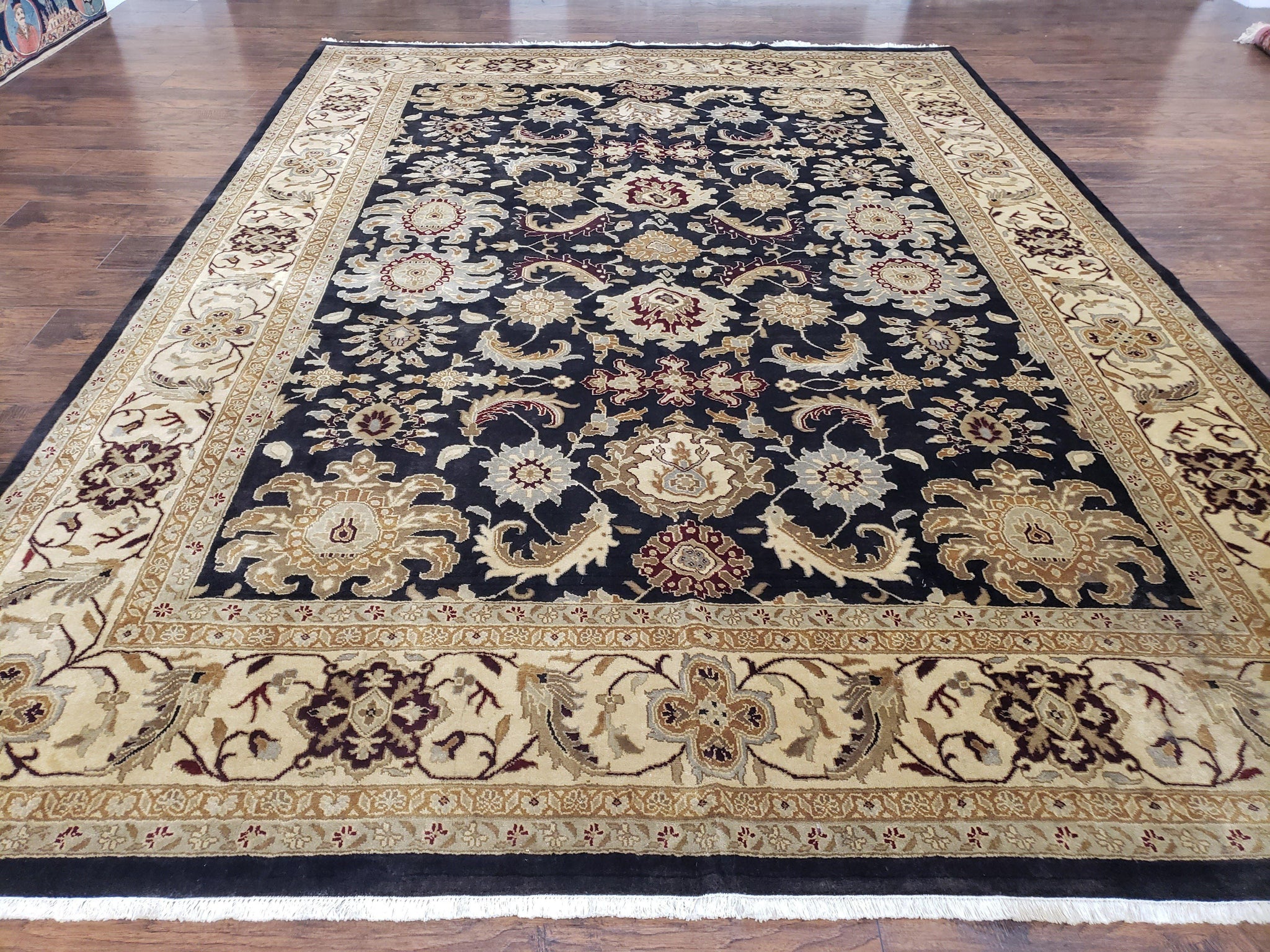 Indo Mahal Rug 8x12, Indian Sultanabad Handmade Area Rug, Vintage Hand-Knotted Wool Black Floral Traditional Oriental Dinning Room Rug by Jewel Rugs
