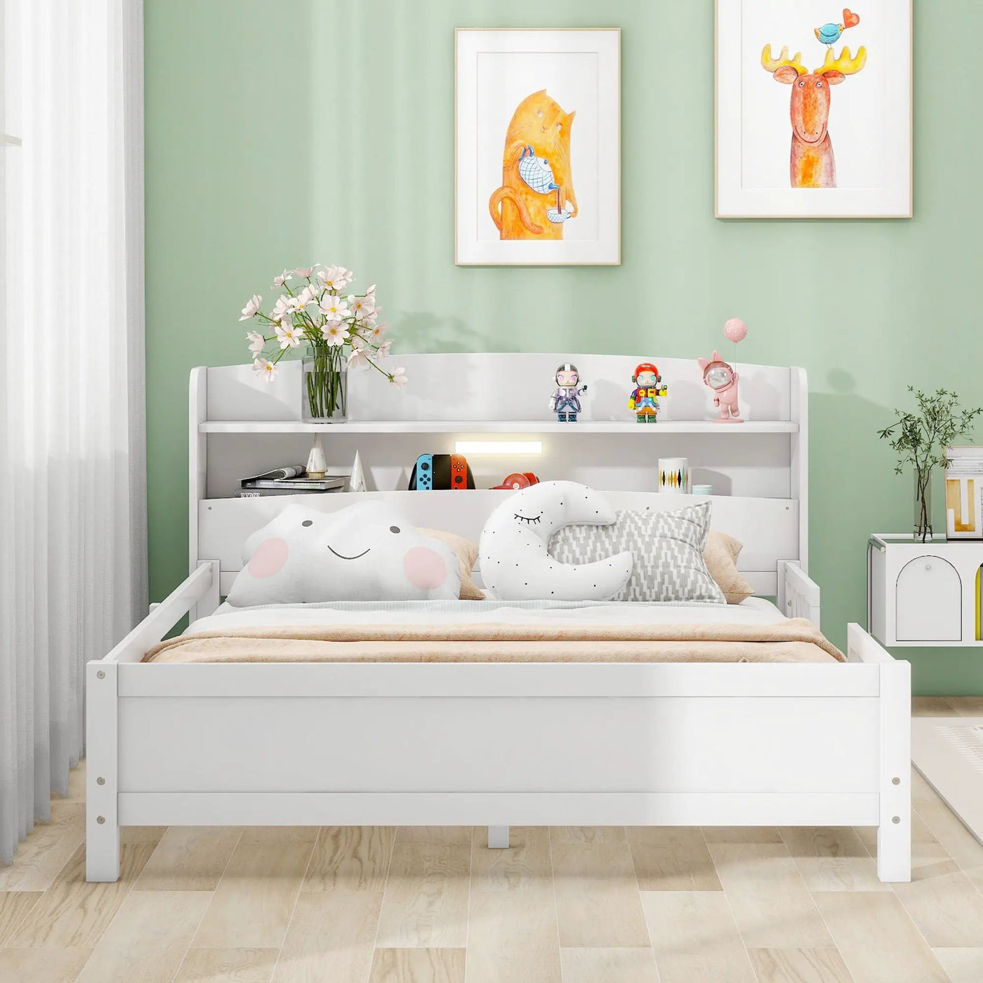 Wood Platform Bed With Built In LED Light, Storage Headboard And Guardrail by HouseOfZazla