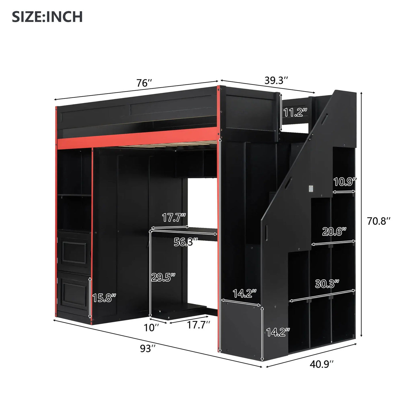 Gaming Loft Bed With Desk And Storage, LED Lights by Unique Piece Furniture