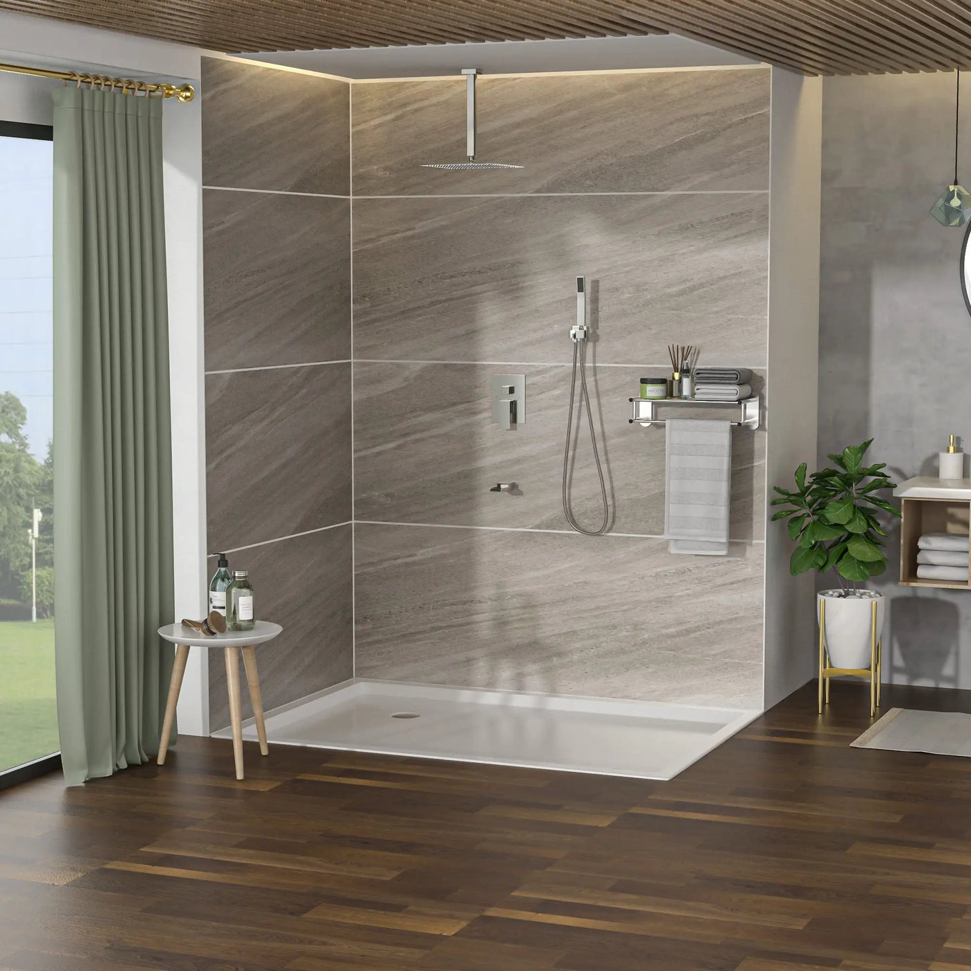 Modern Shower System With Waterfall Tub Spout, 12" Ceiling Mount Square Shower by HouseOfZazla
