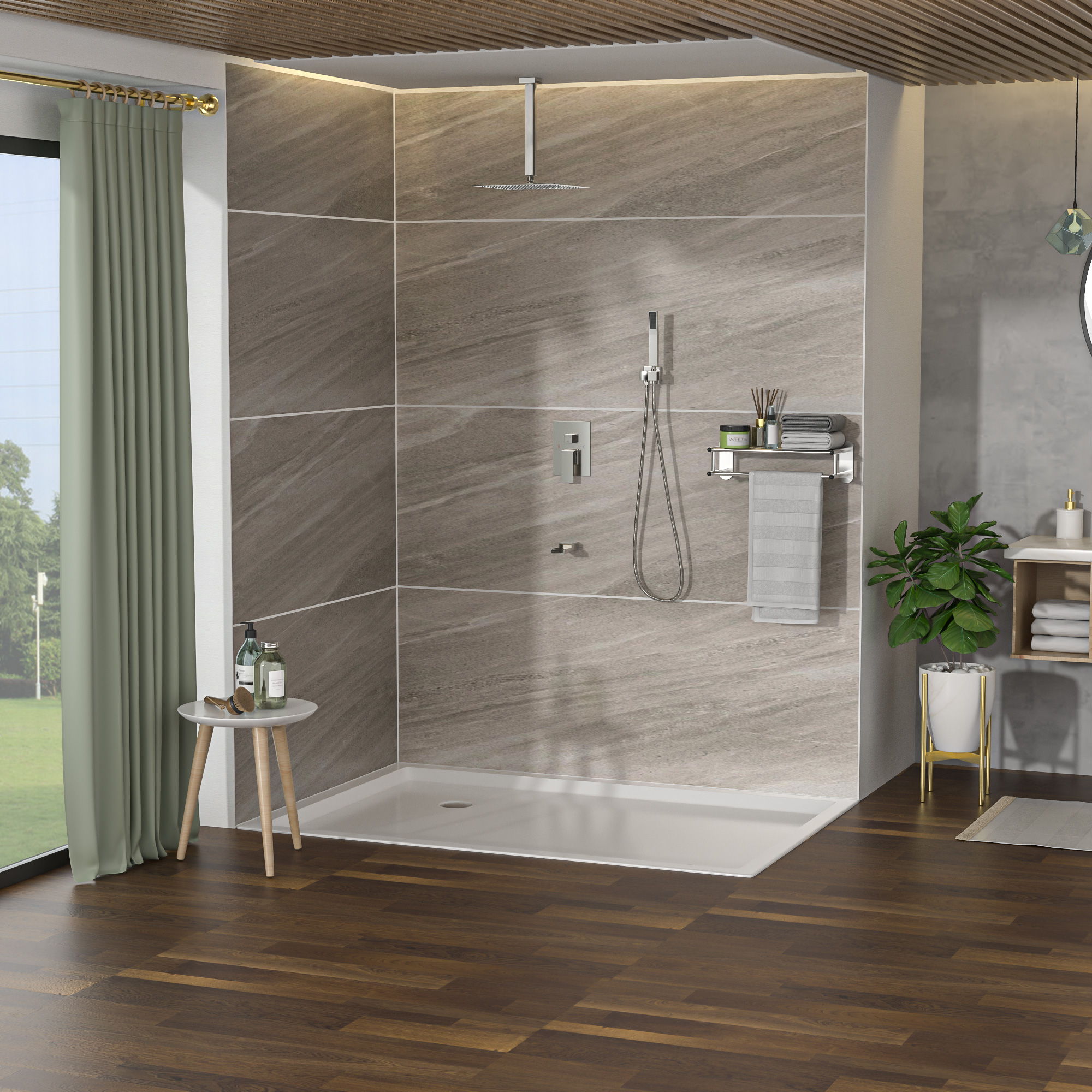 Modern Shower System With Waterfall Tub Spout, 12" Ceiling Mount Square Shower by HouseOfZazla