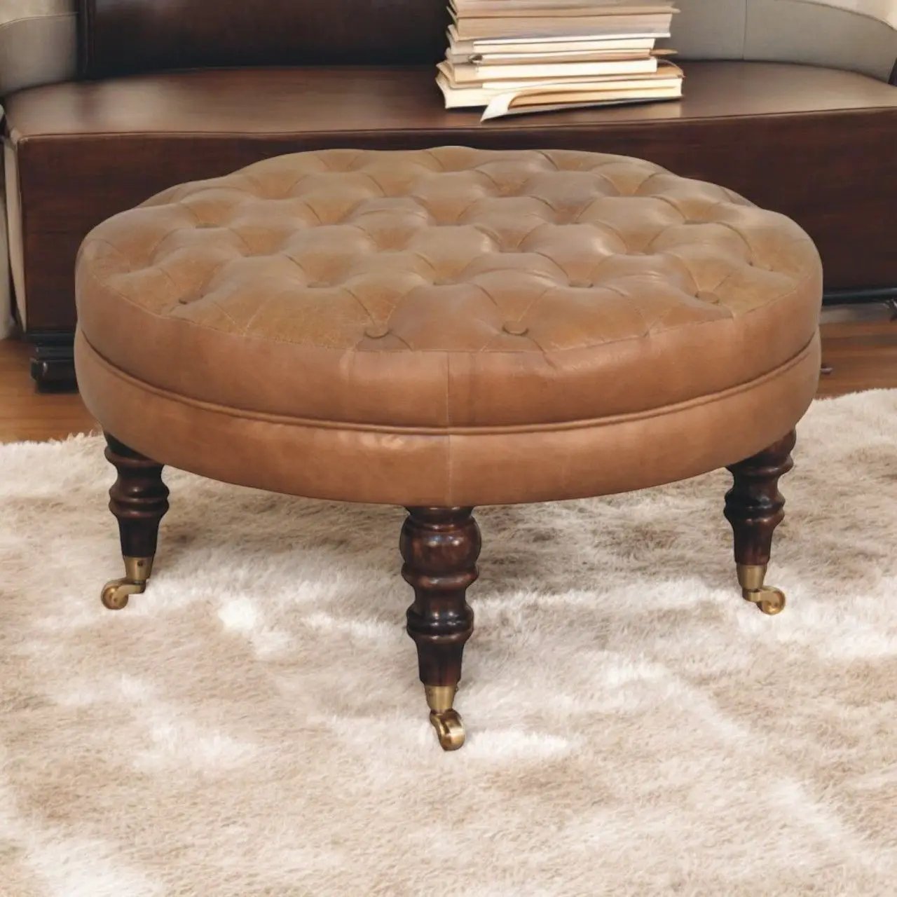 Buffalo - Round Ottoman With Castor Legs - Brown by Unique Piece Furniture