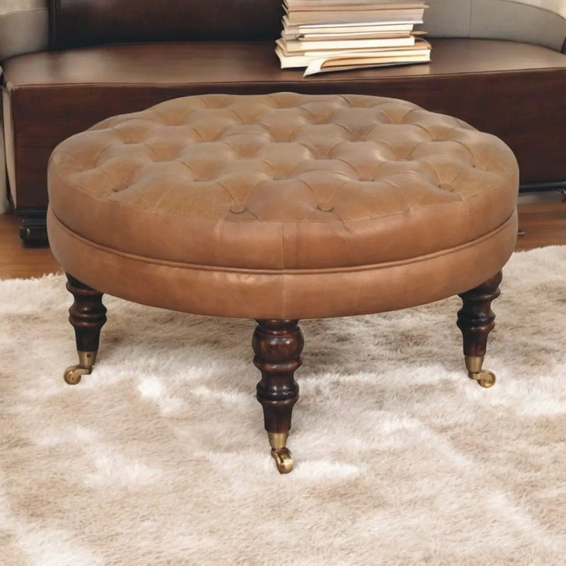 Buffalo - Round Ottoman With Castor Legs - Brown by HouseOfZazla