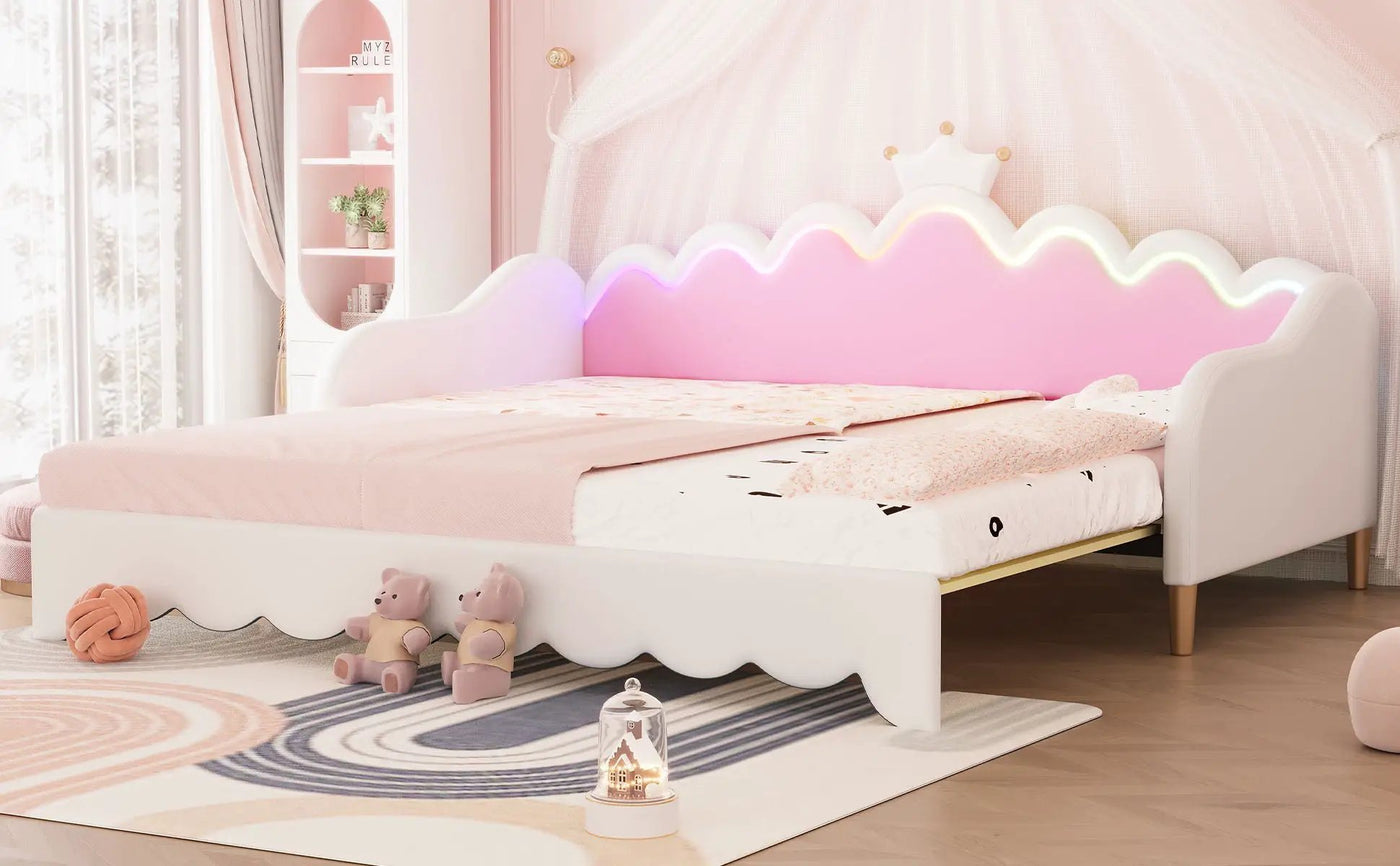 Extending Daybed With LED Lights, Modern Upholstered Princess Daybed With Crown Headboard by HouseOfZazla