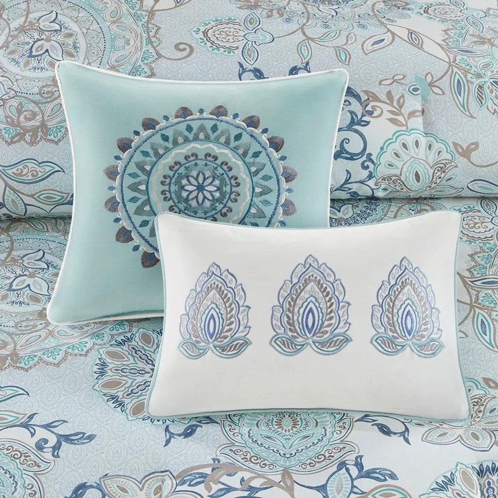 8 Piece Cotton Floral Printed Reversible Comforter Set Blue by HouseOfZazla