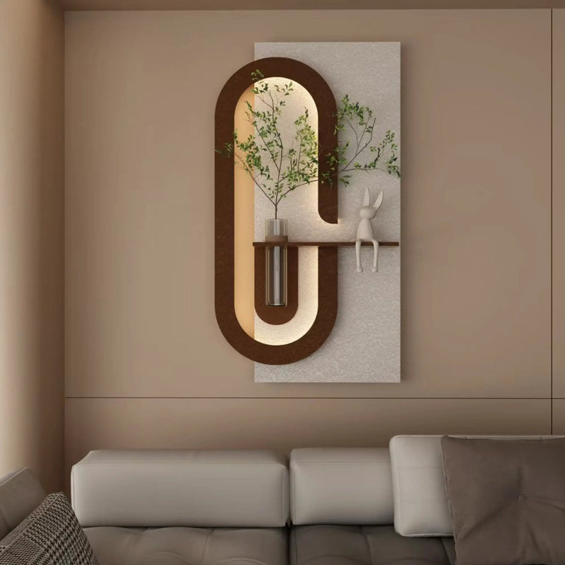 Adjustable LED Sandstone Wall Decor With Simulated Plants 3D Art Sculpture, Glass Vase & Rabbit Statue, Remote Control - Light Coffee by HouseOfZazla