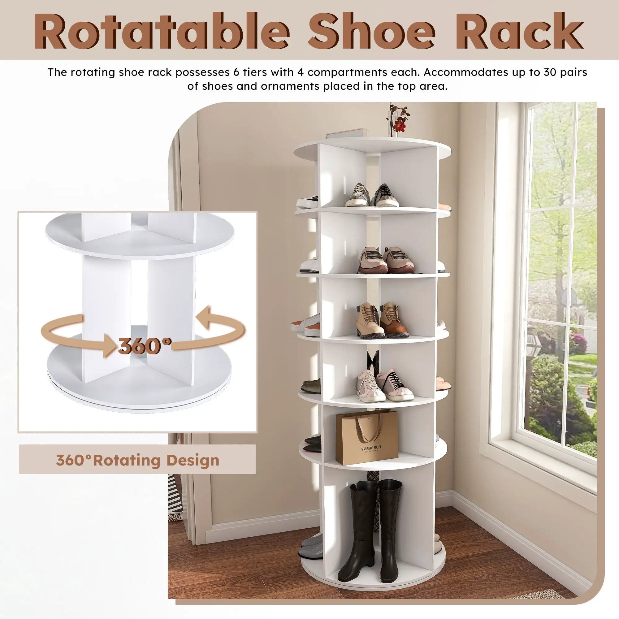 6 Tier Spinning Shoe Rack, Free Standing 360° Revolving Shoe Organizer - White by HouseOfZazla