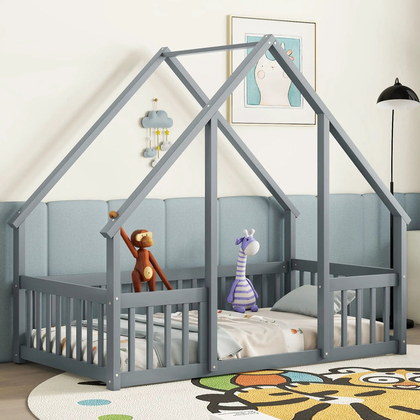 Wood House-Shaped Floor Bed With Fence, Guardrails by HouseOfZazla