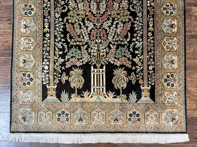 Wonderful Sino Persian Silk Rug 4x6, Tree of LIfe Design, Masterpiece 575 KPSI, Birds, Prayer Rug, Black, Silk on Silk by Jewel Rugs