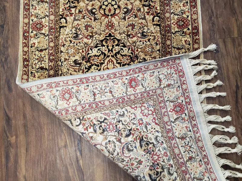 Silk Oriental Rug 1' 7" x 3', Very Fine Silk Carpet, Small Silk Rug, Traditional Floral Medallion, Hand-Knotted Cream Beige Vintage Silk Rug by Jewel Rugs