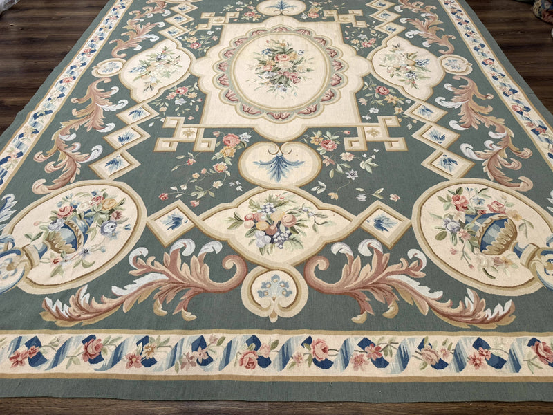 Aubusson Rug 9x12, Muted Sage Green and Cream, European Design by Jewel Rugs