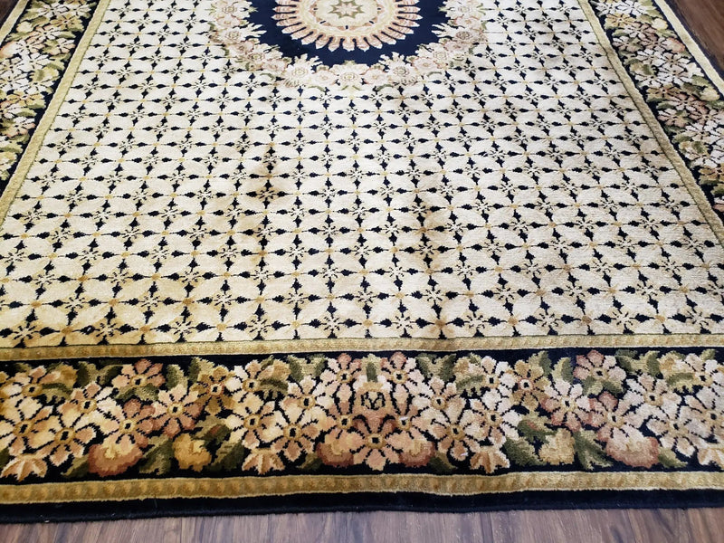 Indian Rug with Tibetan Weave, 6x8 - 6x9 Rugs, Indo-Tibetan Rug, Black and Cream Beige Tan, Floral Border, Soft Rug, Handmade Area Rug, Wool by Jewel Rugs