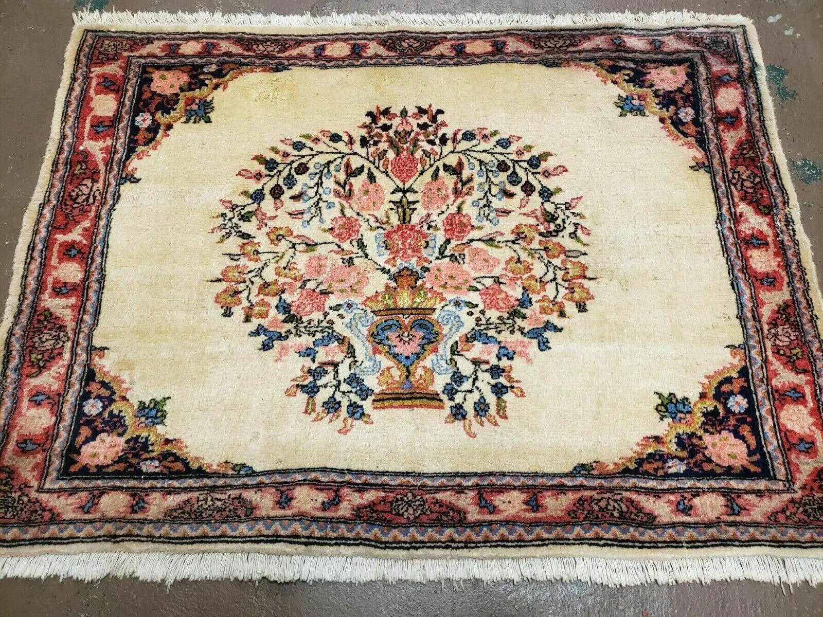 2' 7" X 3' 6" Antique Rug Hand Knotted Pictorial Wool Oriental Flowers by Jewel Rugs