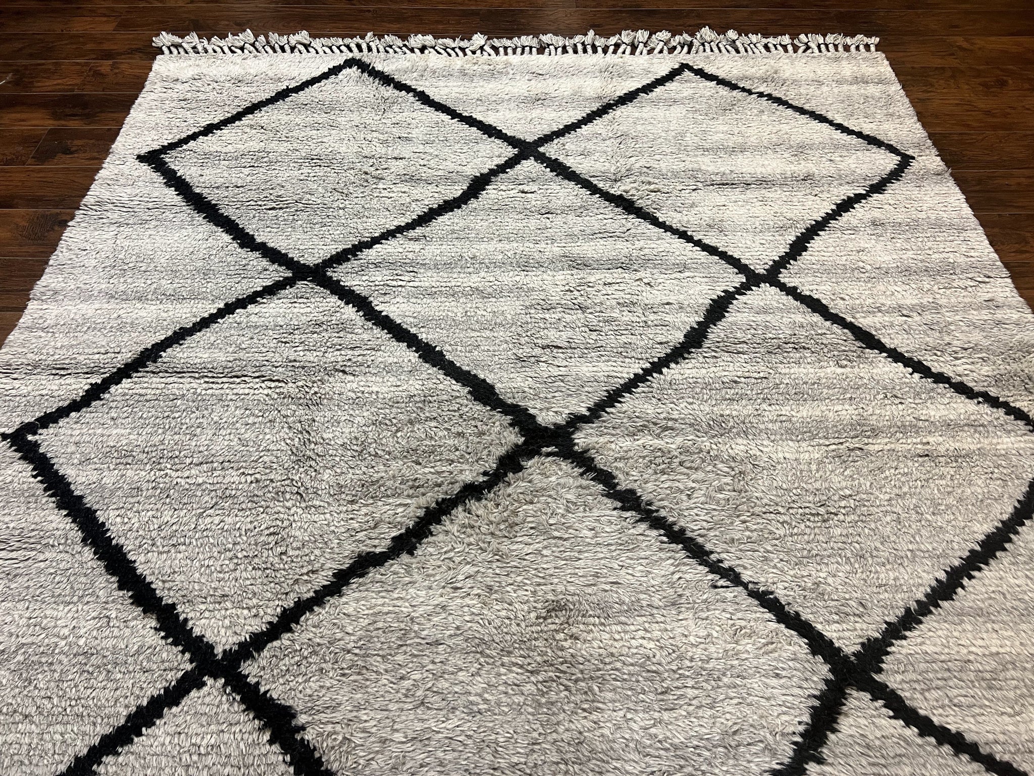 Modern Shag Rug 8x10, Gray and Black, Wool and Cotton, Lulu and Georgia, Handmade Indian Shag Rug by Jewel Rugs