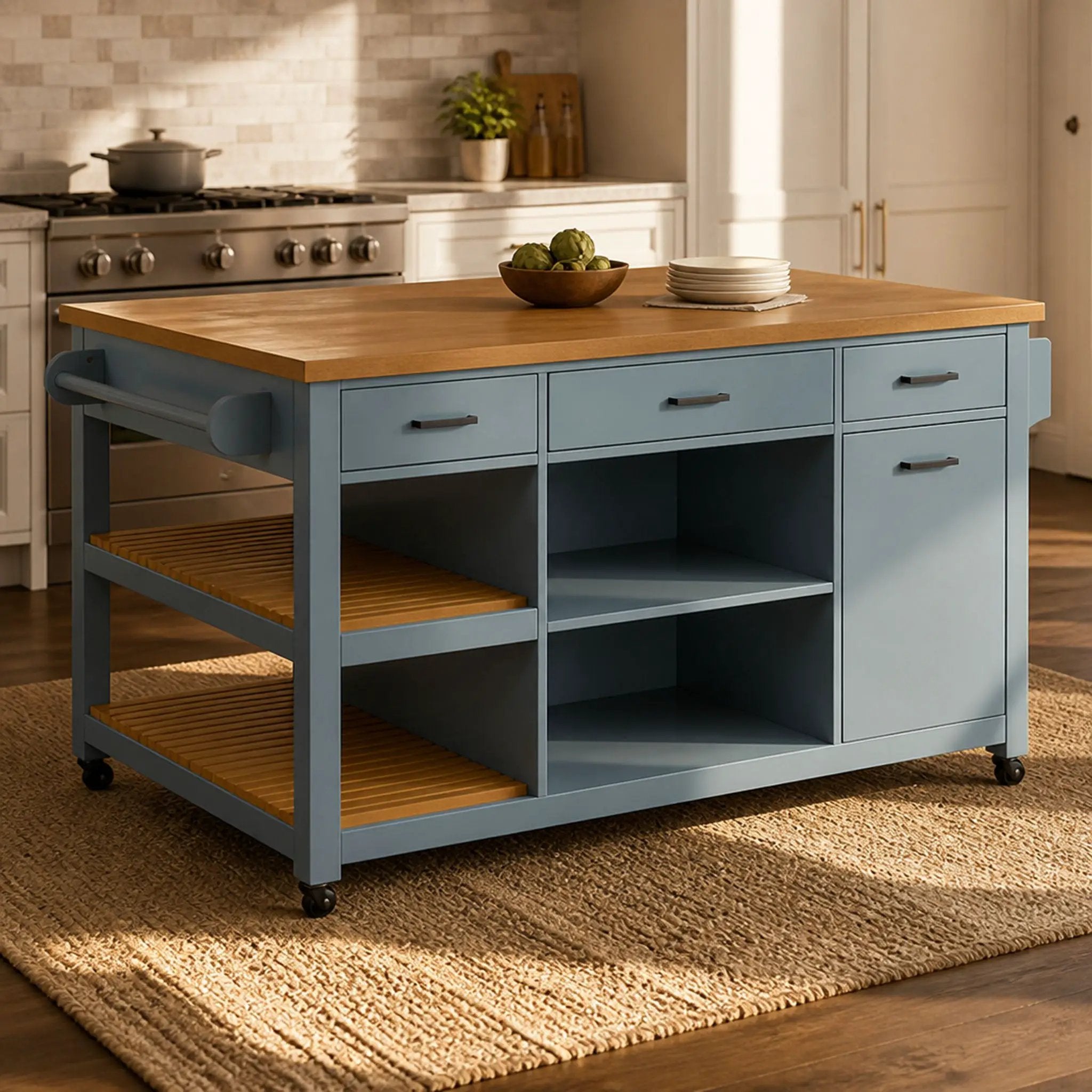 52" Kitchen Island Cart with Rubber Wood Top by HouseOfZazla