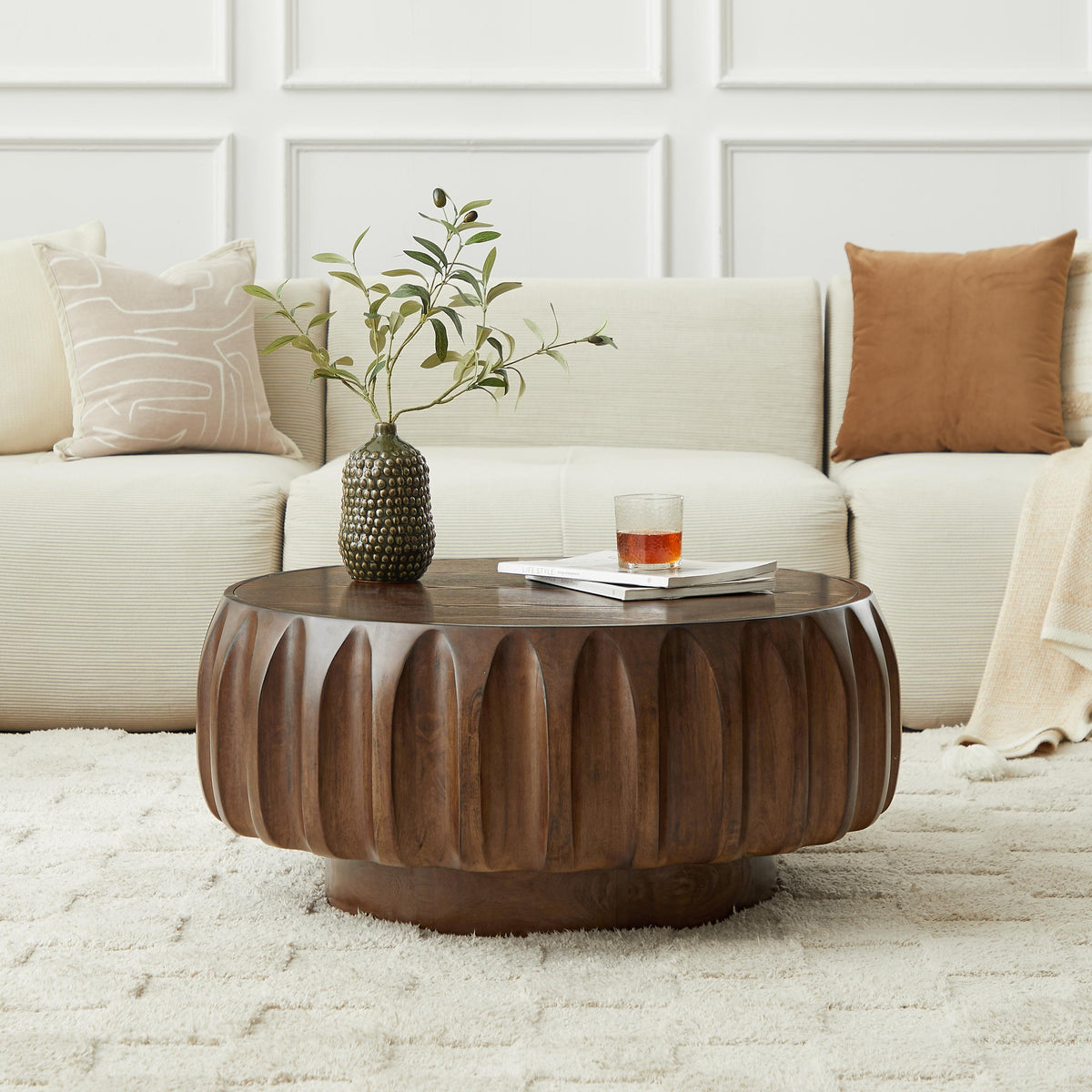 Round Coffee Table with Solid Wood Carved Frame and Elegant Sculptural Design, photo 2 of 9