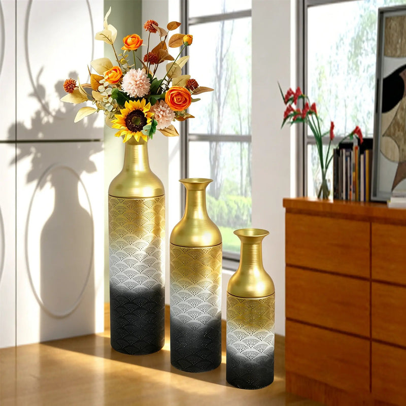 Decorative Metal Vases Set of 3, Leaf Pattern Floor Vases by HouseOfZazla