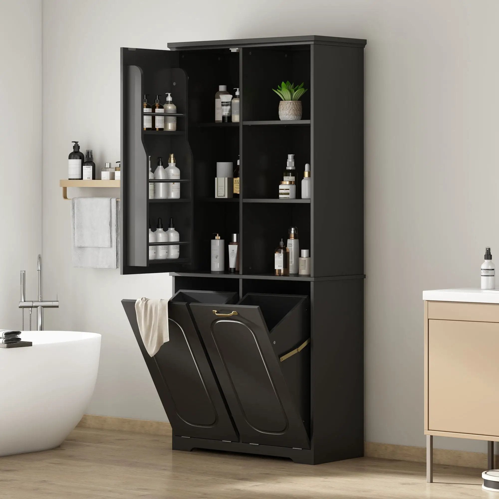 Freestanding Tall Storage Cabinet With 2 Tilt-Out Hampers by HouseOfZazla