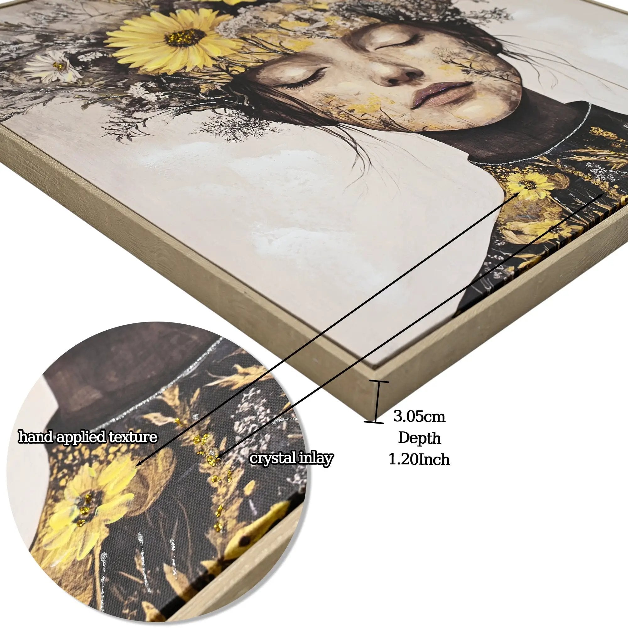 Beauty Lady Wall Art Gold and White Floral Canvas Artwork 24x24 Inch by HouseOfZazla