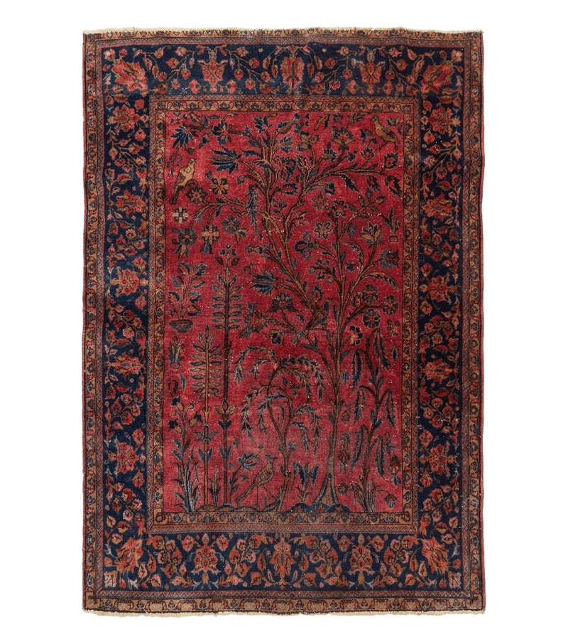 Antique Persian Tree of Life Rug 3x5, Manchester Wool, Bird Pictorials, Fine 240 KPSI, Red Navy Blue by Jewel Rugs