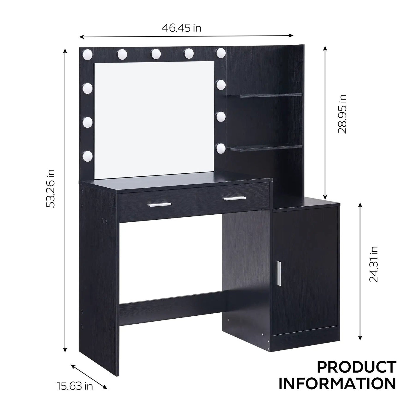 Vanity Desk With Mirror And Lights, 46.4In Dressing Table With 2 Large Drawer & Large Vertical Organizer, 3 Level Dresser & 3 Lighting Modes Adjustable Brightness, Suitable For Bedroom by HouseOfZazla