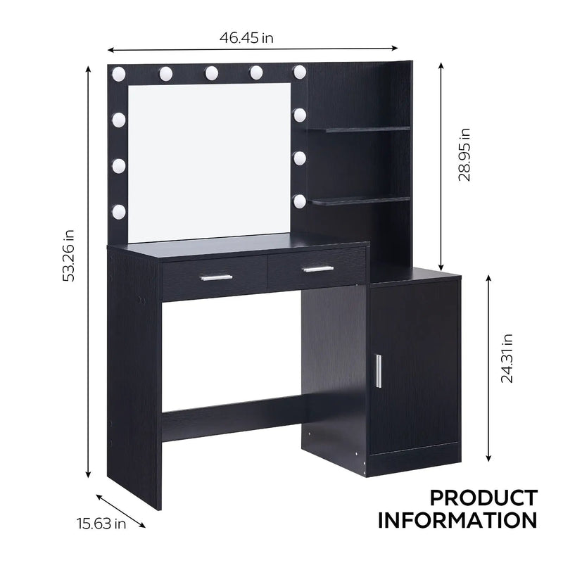 Vanity Desk With Mirror And Lights, 46.4In Dressing Table With 2 Large Drawer & Large Vertical Organizer, 3 Level Dresser & 3 Lighting Modes Adjustable Brightness, Suitable For Bedroom by HouseOfZazla