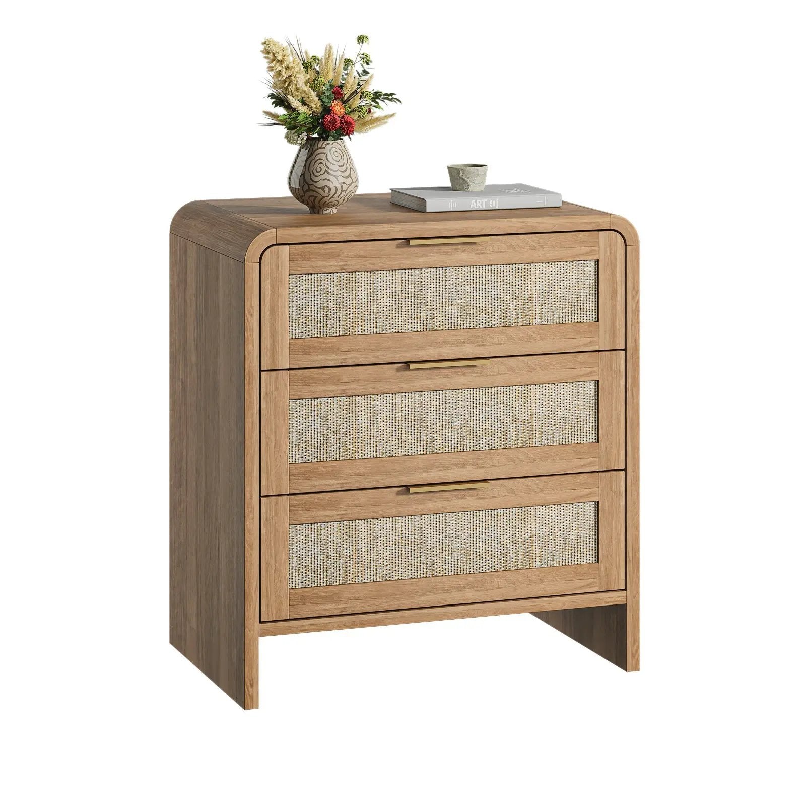 Rattan Nightstand Set of 2 with 3 Drawers in Caramel Oak by HouseOfZazla