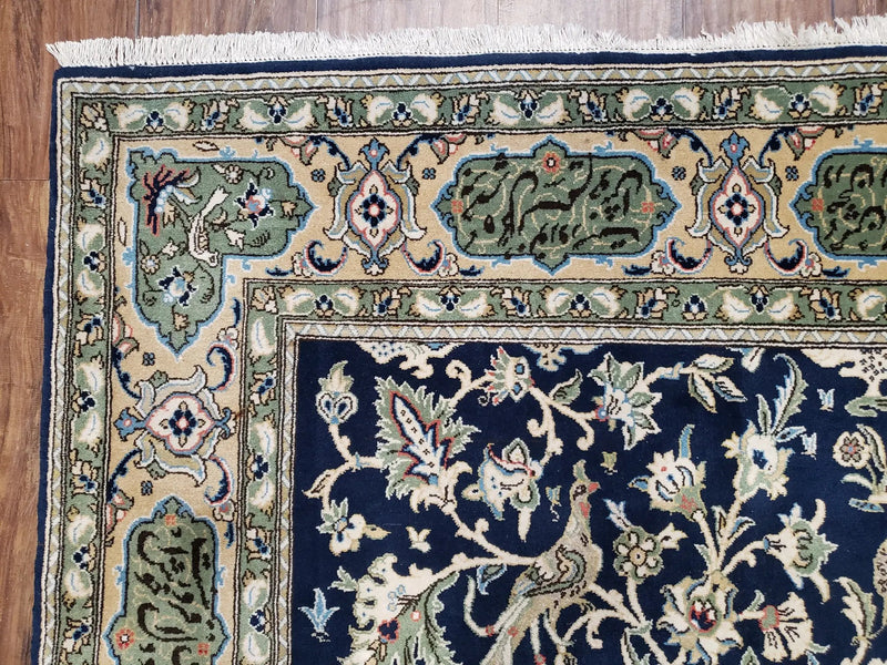 Semi Antique Persian Qum Tree of Life Rug, Hand-Knotted, Wool, Midnight Blue and Tan, Animal Pictorials, Written Poem in Borders, 4' 8" x 7' 8" by Jewel Rugs
