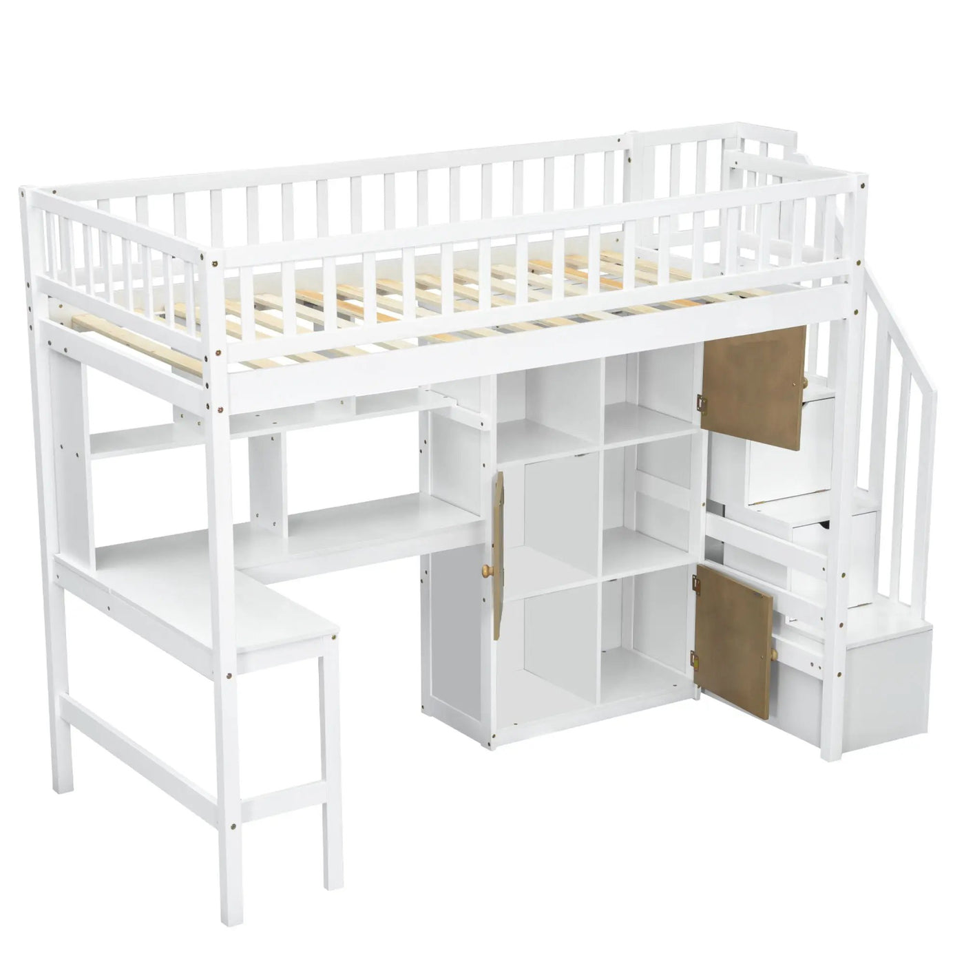 Loft Bed With Built In L Shaped Desk, LED Lights, Storage Shelves, Cabinets, And Staircase by HouseOfZazla