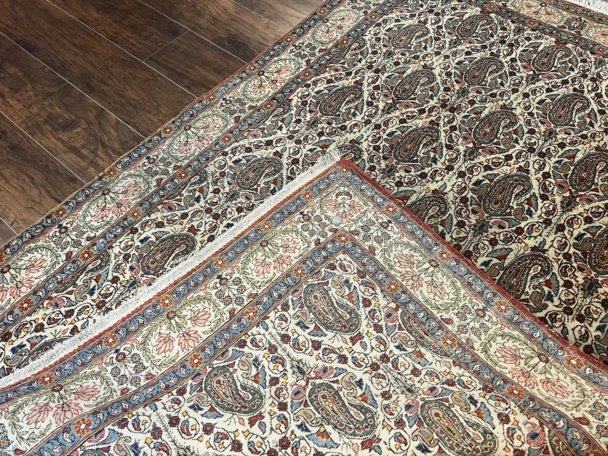 Persian Qum Rug 5x6, Cream Wool Hand Knotted Carpet, Repeated Boteh Paisely Design, Semi Antique Vintage Rug, Very Fine Weave 5 x 6 Rug by Jewel Rugs
