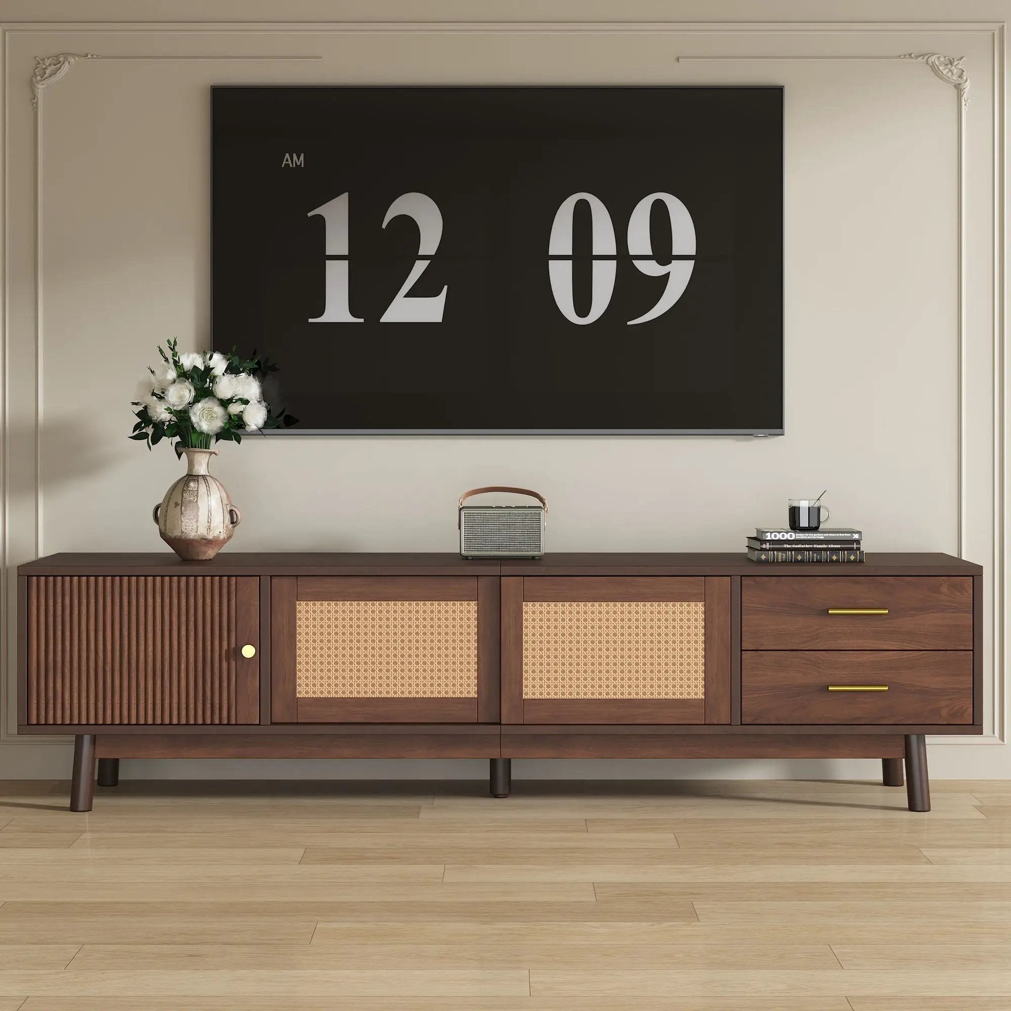TV Stand For 80" TVs With Sliding Doors And Drawers, Accent Storage Unit - Dark Brown by HouseOfZazla