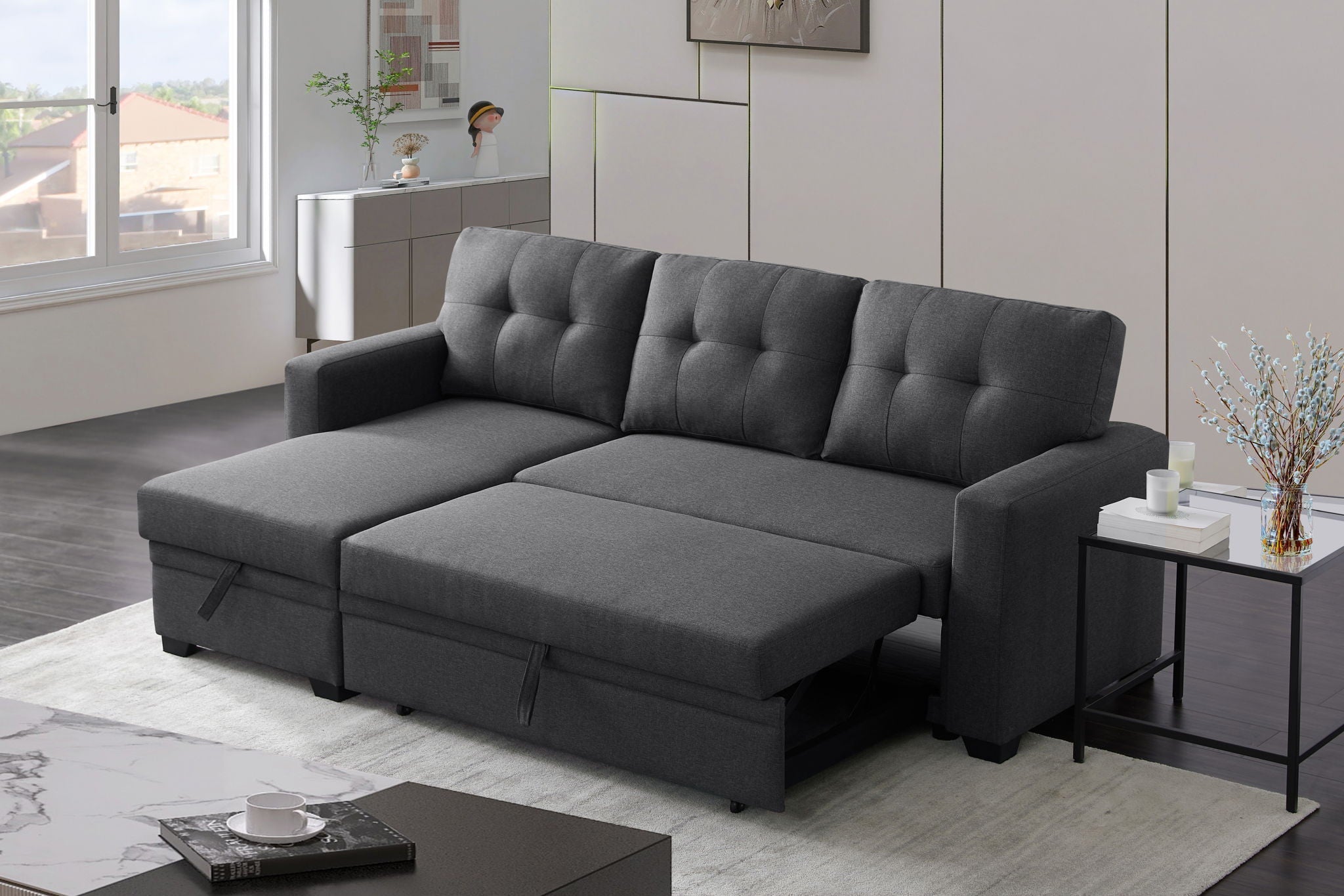 Upholstered Pull Out Sectional Sofa With Chaise by HouseOfZazla