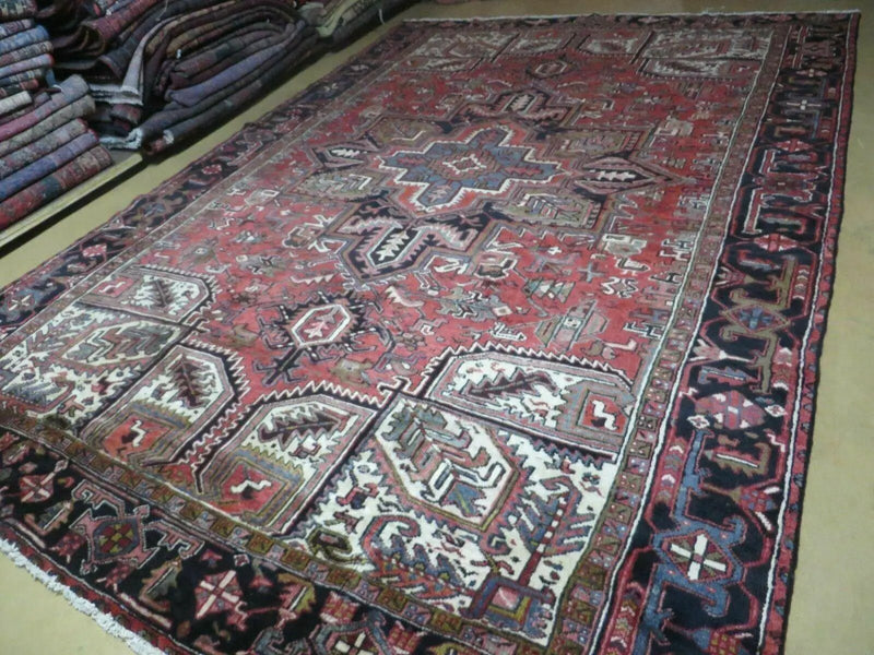 Persian Heriz Rug 8x12 Semi Antique Heriz Carpet, Room Sized Persian Carpet, Geometric Medallion, Wool, Hand Knotted, Red Ivory Dark Blue by Jewel Rugs