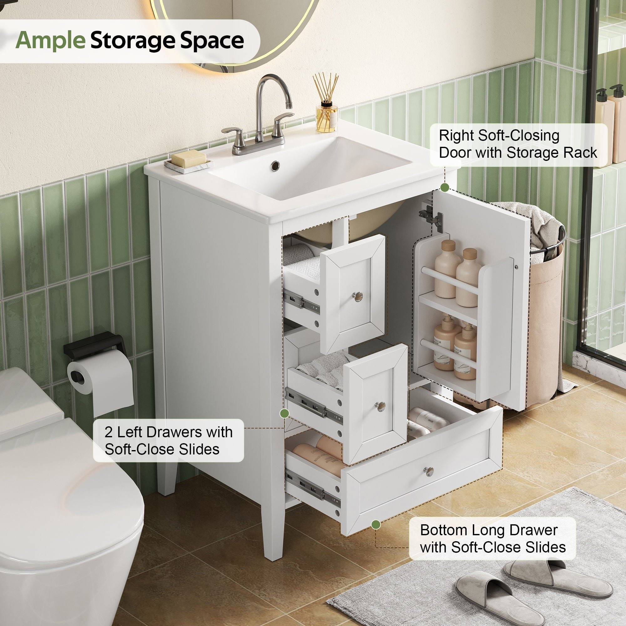 Modern Bathroom Vanity With Sink, Soft Close Drawers & Door, Storage Rack by HouseOfZazla